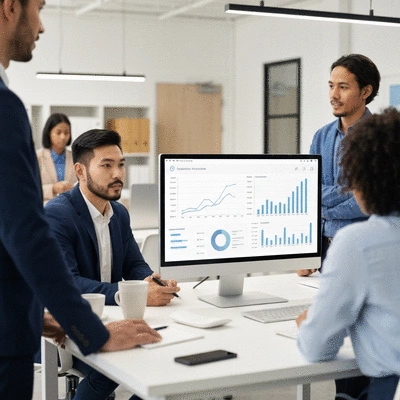 Data visualization on a screen with people collaborating in the foreground, clean office environment, no text, no words, no typography, clean image