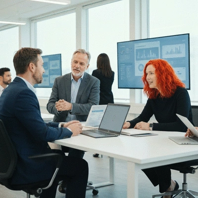 Professional setting with people collaborating, AI-powered insights on screens, bright and modern aesthetic, no text, no words, no typography, clean image