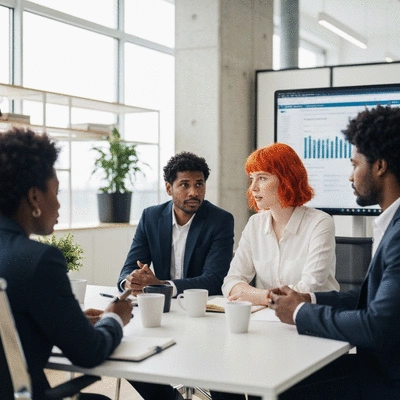 Professional discussing AI regulations and compliance, possibly in a meeting setting