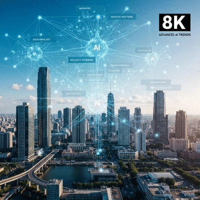 Futuristic cityscape with interconnected data streams and glowing neural networks representing advanced AI trends, no text, no words, no typography, 8K