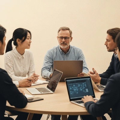 Diverse group of people collaborating around a table with digital devices, illustrating ethical AI discussions, no text, no words, no typography, clean image