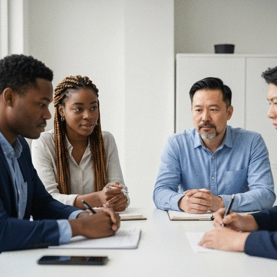 Diverse group of people collaborating on AI ethics, representing fairness and inclusivity