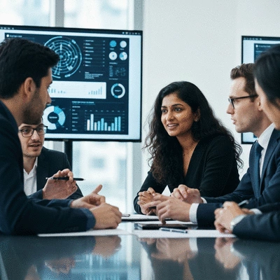Diverse group of professionals collaborating around a table, discussing AI policies with charts and digital screens, symbolizing global collaboration in AI governance, no text, no words, no typography, 8K
