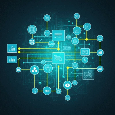 Abstract depiction of AI governance framework with interconnected nodes and guidelines, no text, no words, no typography, 8K, clean image