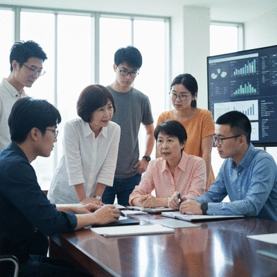Diverse group of people collaborating around a large table, looking at data on screens, representing global AI adoption and collaboration, clean image, no text, no words, no typography