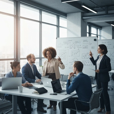 Modern office setting with diverse team collaborating on AI-driven product development, using digital tools and whiteboards