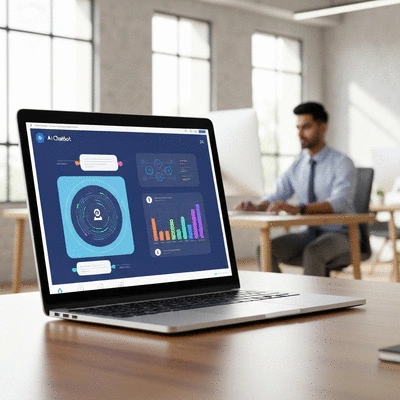 AI chatbot interface on a laptop screen with a customer support agent in the background, clean image, no text, no words, no typography