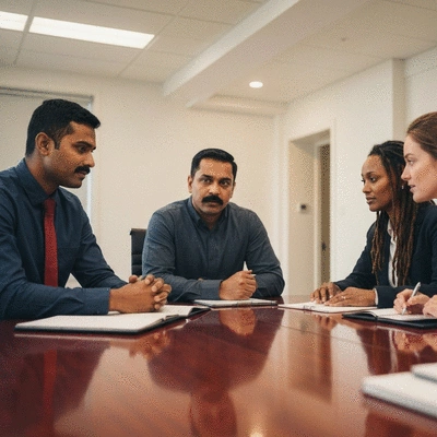 Business professionals collaborating on a strategic AI governance plan in a modern office, showing teamwork and trust