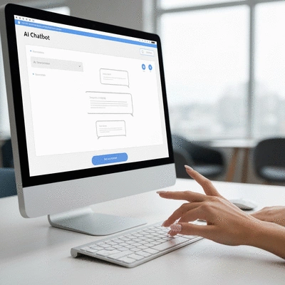 AI chatbot interface on a computer screen, with a human hand hovering over a keyboard