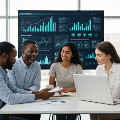 Diverse marketing team collaborating on a strategy, with AI data insights on a large screen in the background