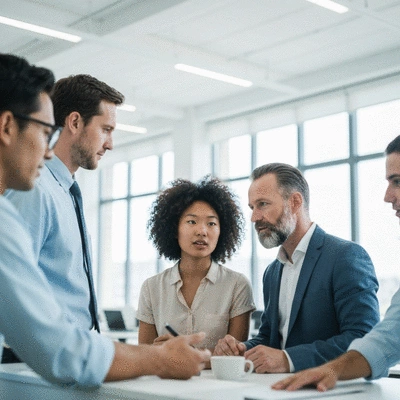 Diverse team collaborating on AI project, focusing on ethical considerations