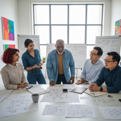 Diverse team collaborating on AI ethical framework, integrating human values and technology