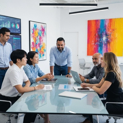 Diverse team collaborating with AI interface in a modern office, no text, no words, no typography, 8K