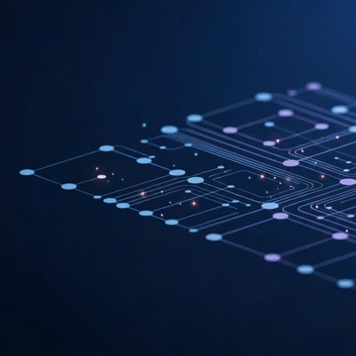 Abstract representation of AI governance framework with interconnected nodes and data flow