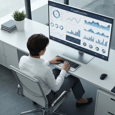 Professional looking at a dashboard displaying AI compliance metrics and ethical considerations