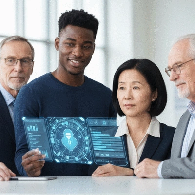 Diverse group of professionals collaborating around a futuristic holographic AI interface, symbolizing ethical innovation and human-centric design, no text, no words, no typography, clean image