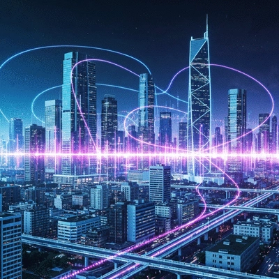 Futuristic cityscape with glowing data streams, representing AI's evolving role in traditional markets, vibrant, dynamic, no text, no words, no typography, 8K