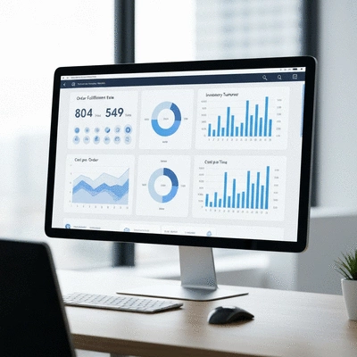 Modern dashboard displaying supply chain KPIs with graphs and charts, clean image, no text