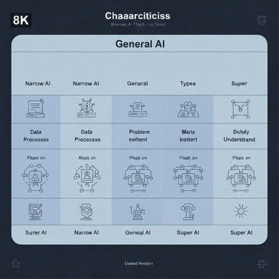 Stylized chart comparing Narrow AI, General AI, and Super AI characteristics