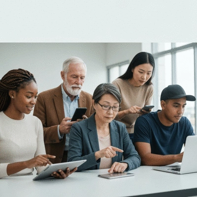 Diverse people providing feedback on AI tools via digital devices, illustrating user engagement