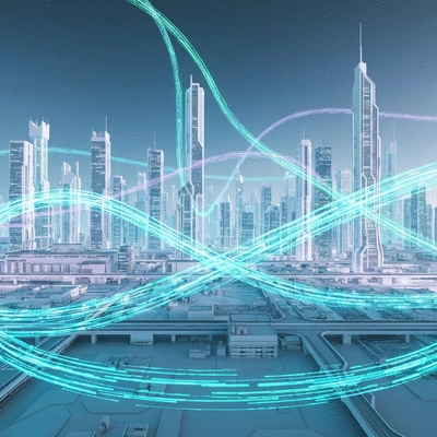 Futuristic cityscape with glowing data streams, symbolizing the ethical future of AI and innovation, clean image, no text, no words, no typography