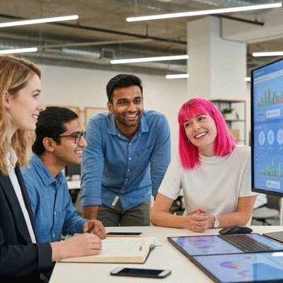 Diverse group of non-profit professionals collaborating around a digital display showing AI data analytics, in a modern office, bright and professional, no text, no words, no typography, 8K