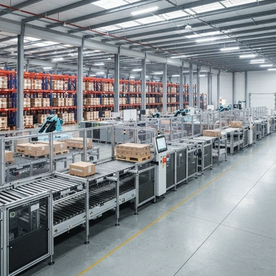Modern warehouse with automated robots moving packages, reflecting AI-driven optimization