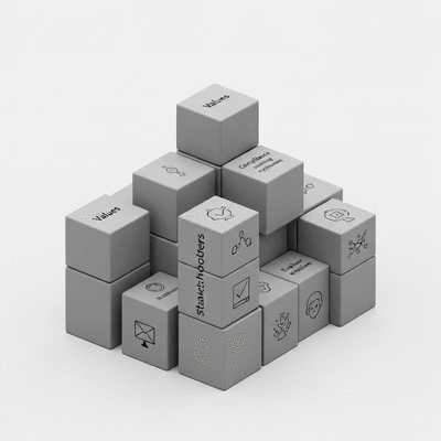 Illustration of a building block framework representing ethical AI, with keywords such as 'Values', 'Stakeholders', 'Compliance', and 'Evaluation' on the blocks, clean image, no text, no words, no typography, 8K