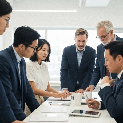Modern office setting with diverse group collaborating on ethical AI strategy, no text, no words, no typography, clean image