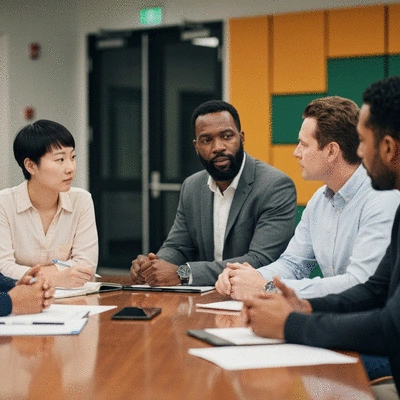 Diverse group of non-profit leaders discussing ethical AI implementation strategies at a conference, modern and collaborative atmosphere, bright, no text, no words, no typography, 8K