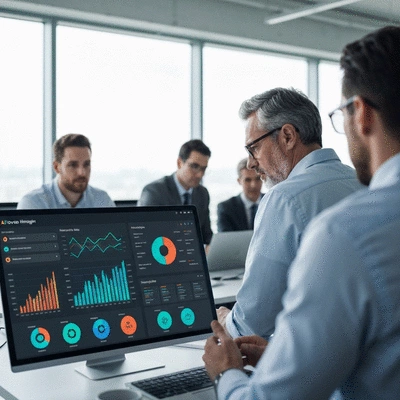 Supply chain managers collaborating with AI dashboard, showing data analytics and decision making