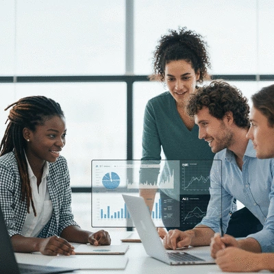 Modern office setting with diverse team collaborating around a digital display showing AI data analytics, clean image, no text