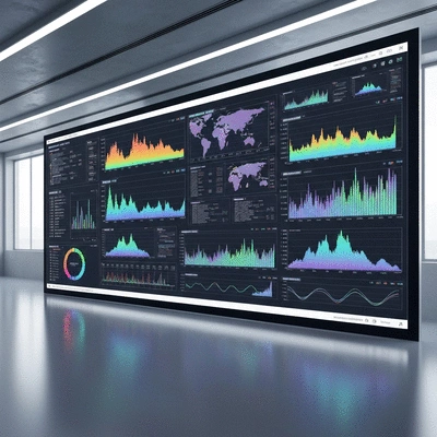 AI analyzing climate data on a large screen, showing graphs and predictive models