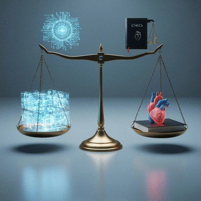 Conceptual image of ethical AI, showing a balanced scale with technology and ethics on either side, in a clean, futuristic setting