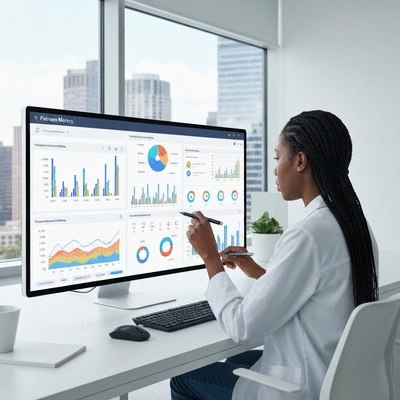 Data scientist analyzing fairness metrics on a dashboard, with charts and graphs, clean modern office environment, no text, no words, no typography, clean image