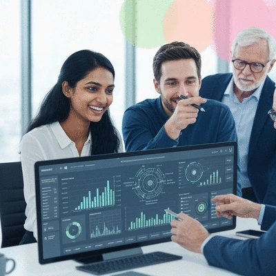 People collaborating on a digital dashboard, illustrating AI risk management strategies