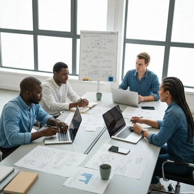 Diverse group of startup employees collaborating around a table, discussing AI strategies with laptops and whiteboards, modern office setting, no text, no words, no typography, 8K