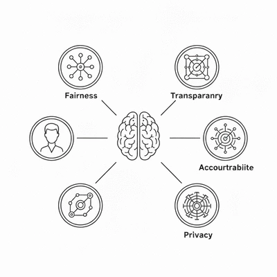 Illustration of four core ethical AI principles: fairness, transparency, accountability, and privacy, connected by lines to a central brain icon, clean image, no text, no words, no typography, 8K