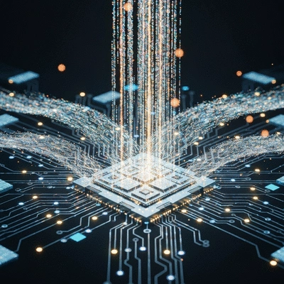 Diverse datasets being processed by AI, with clean, relevant, and diverse data points flowing into a central AI brain, no text, no words, no typography, 8K