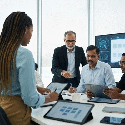 Professionals engaging in AI training and upskilling, no text, no words, no typography, 8K