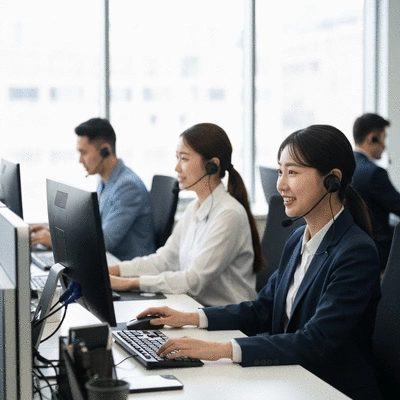 Modern call center with agents using AI tools, clean image, no text, no words, no typography