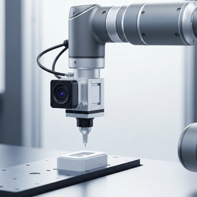 Close-up of a robot arm using computer vision for quality control on a manufacturing assembly line, no text, no words, no typography, no labels, clean image