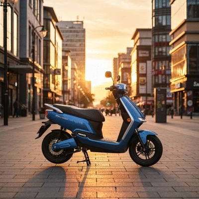 Sleek electric scooter parked in a modern city setting at sunset