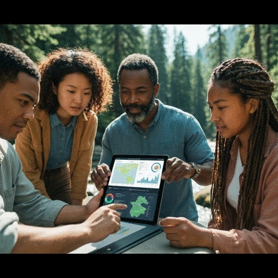 Environmental NGO members collaborating with AI data visualization on a tablet, diverse group, natural setting