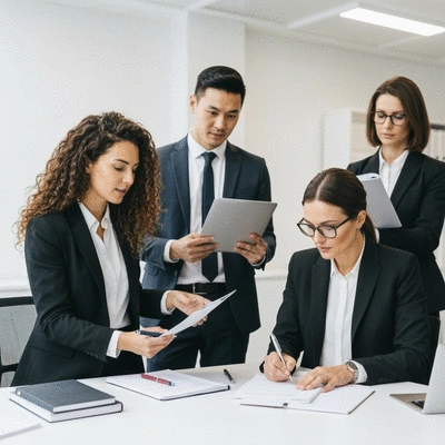 Professional leaders in a modern office collaborating on AI governance documents, symbolizing leadership commitment and continuous improvement, no text, no words, no typography, clean image