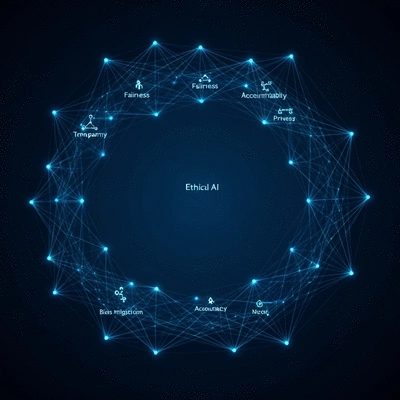 Abstract representation of ethical AI principles: fairness, transparency, accountability, privacy, bias mitigation, connected by glowing lines on a dark blue background, no text, no words, no typography, clean image