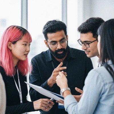 Diverse group of people in a community forum discussing AI initiatives, representing continuous engagement, no text, no words, no typography, 8K, clean image