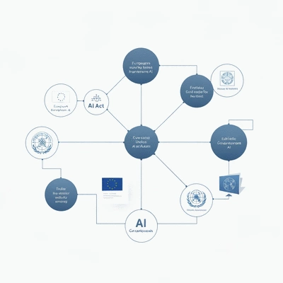 Illustration of various AI governance frameworks and principles connecting, symbolizing a comprehensive approach to ethical AI, no text, no words, no typography, clean image