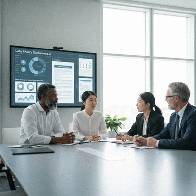 Diverse team collaborating on ethical AI strategy, reviewing data privacy guidelines on a large screen
