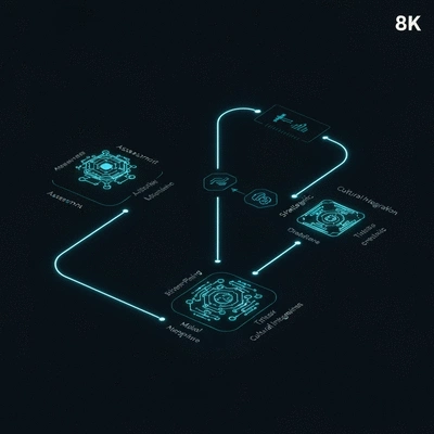 Digital roadmap showing key steps for AI governance: assessment, strategic planning, cultural integration, with glowing lines connecting milestones, dark background, no text, no words, no typography, clean image